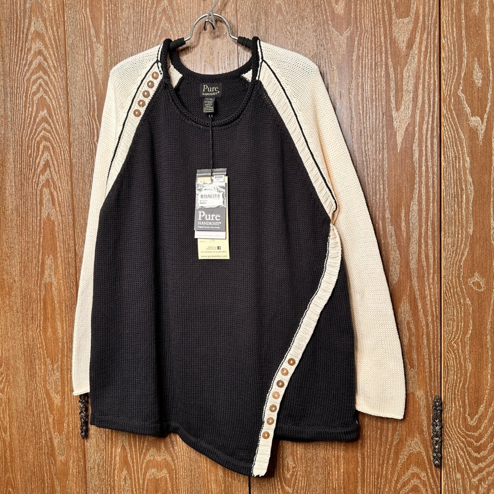 Pure Handknit Black Cream Cotton Colorblock Button Sweater L/XL NWT 4506-07 - Picture 2 of 9